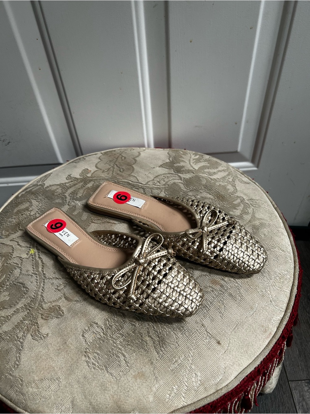 Steven New York Calandra Bow Woven Metallic Slip-On Mules in Gold Sz 9
